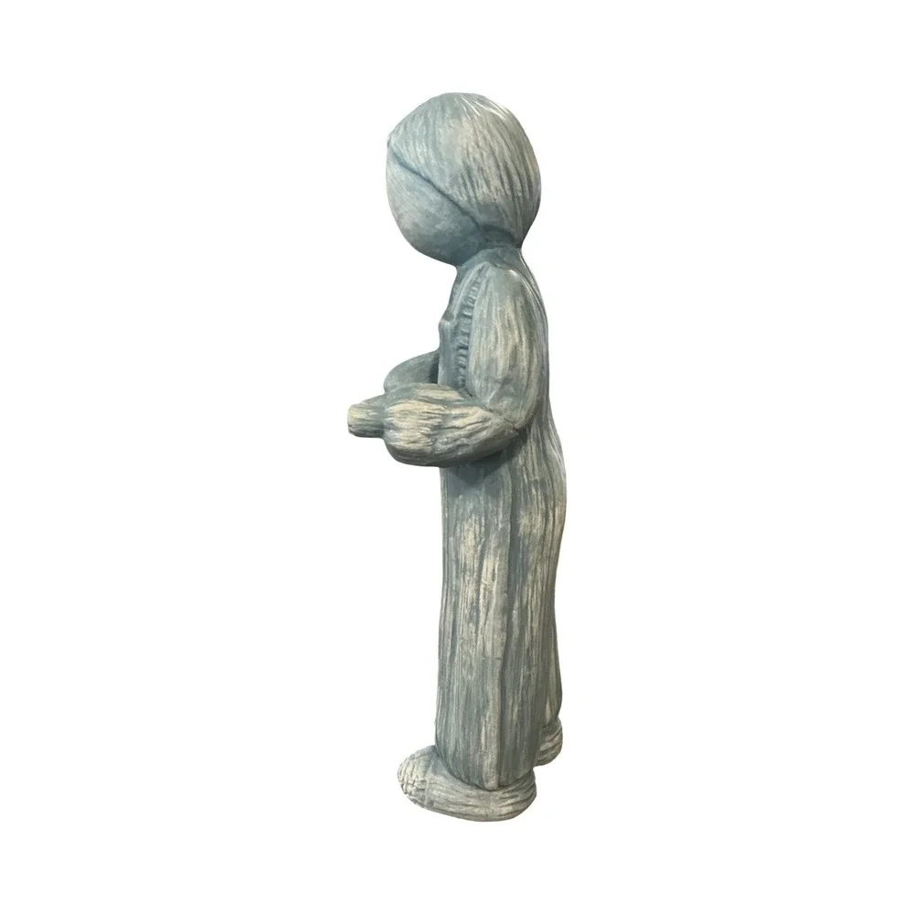 Vintage Ceramic Faceless Boy in Overalls Figurine Blue Grey Rustic Art 10.5